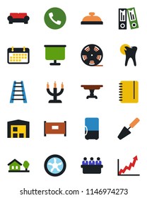 Color and black flat icon set - fence vector, phone, office binder, notepad, meeting, trowel, ladder, caries, term, reel, presentation board, house with tree, warehouse, table, cushioned furniture