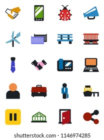Color and black flat icon set - handshake vector, notebook pc, lady bug, bench, greenhouse, railroad, cargo container, sea port, loudspeaker, pause button, mobile, user, case, tie, manager, door