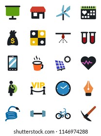 Color and black flat icon set - mobile phone vector, money bag, hose, heart pulse, blood test vial, barbell, bike, medical calendar, pregnancy, application, coffee, clock, presentation board
