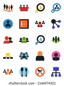 Color and black flat icon set - spoon and fork vector, checkroom, team, patient, group, user, hr, meeting, company, client search, consumer, social media, hierarchy
