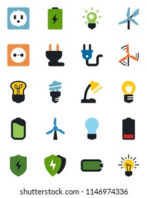 Color and black flat icon set - bulb vector, low battery, protect, desk lamp, windmill, socket, power plug, energy saving, idea
