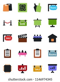 Color and black flat icon set - fence vector, presentation board, meeting, clapboard, clipboard, sale, rooms, sold signboard, smart home, cutting, chip