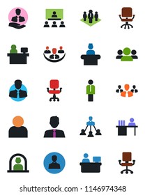 Color and black flat icon set - reception vector, manager, office chair, place, client, user, company, desk, hierarchy, estate agent, group