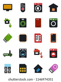 Color and black flat icon set - washer vector, calculator, monitor, speaker, phone back, sim, smart home, control, chip, remote, router, usb flash