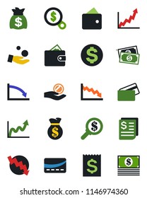 Color and black flat icon set - dollar sign vector, money bag, crisis graph, cash, receipt, credit card, wallet, growth, search, investment