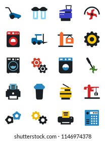 Color and black flat icon set - washer vector, fork loader, gear, ripper, lawn mower, printer, copier, crane, water filter, combination lock