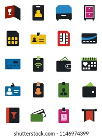 Color and black flat icon set - credit card vector, identity, medical calendar, sim, archive box, wine, pass, wallet, pennon