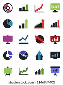 Color and black flat icon set - growth statistic vector, presentation board, crisis graph, monitor, circle chart, bar, pie, point, arrow up