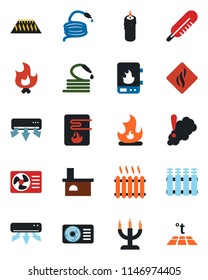 Color and black flat icon set - fire vector, hose, fireplace, thermometer, heater, air conditioner, candle, water, smoke detector, radiator, warm floor