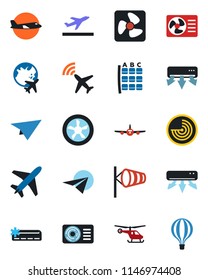 Color and black flat icon set - plane vector, radar, departure, wind, helicopter, seat map, globe, air conditioner, fan, paper, balloon