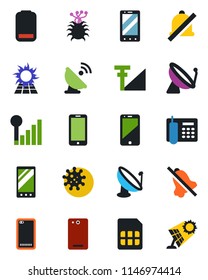 Color and black flat icon set - satellite antenna vector, mobile phone, virus, cell, low battery, back, sim, mute, cellular signal, office, sun panel