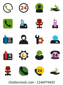 Color and black flat icon set - 24 around vector, office chair, phone, hours, support, radio, call, root setup, palm sproute