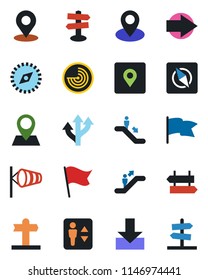 Color and black flat icon set - elevator vector, escalator, signpost, right arrow, wind, radar, route, pin, download, place tag, compass, flag, guidepost