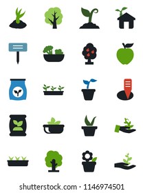 Color and black flat icon set - flower in pot vector, seedling, tree, sproute, plant label, fertilizer, fruit, salad, apple, eco house, palm