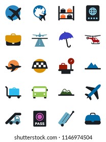 Color and black flat icon set - plane vector, runway, taxi, suitcase, baggage trolley, airport bus, umbrella, passport, ladder car, helicopter, luggage storage, scales, globe, mountains, case