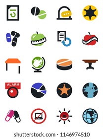 Color and black flat icon set - no laptop vector, ticket office, globe, document reload, pills, diet, earth, pie graph, table, police, alarm led