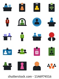 Color and black flat icon set - female vector, reception, manager, identity card, place, user, desk, estate agent, pass, group
