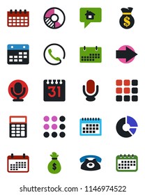 Color and black flat icon set - right arrow vector, calendar, circle chart, microphone, menu, calculator, phone, home message, money bag