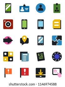 Color and black flat icon set - right arrow vector, mobile phone, identity card, document, important flag, tracking, cell, camera, user, download, application, restaurant receipt, home control app