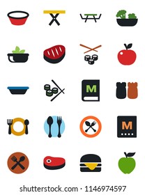 Color and black flat icon set - spoon and fork vector, picnic table, cafe, menu, salad, salt pepper, steak, hamburger, bowl, sushi, apple fruit