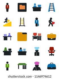 Color and black flat icon set - manager vector, desk, place, ladder, folder, career, cook, office chair, case