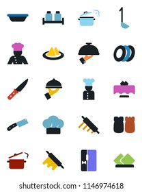 Color and black flat icon set - fridge vector, cook, restaurant table, serviette, hat, plates, waiter, salt and pepper, ladle, bowl, rolling pin, knife, steaming pan