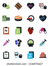 Color and black flat icon set - heart pulse vector, diagnosis, syringe, blood pressure, pills, blister, tomography, real, clipboard, hospital