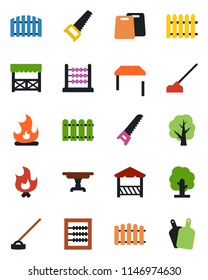 Color and black flat icon set - fence vector, tree, saw, fire, hoe, abacus, table, alcove, cutting board