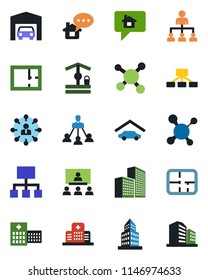 Color and black flat icon set - hierarchy vector, well, molecule, hospital, office building, garage, plan, home message