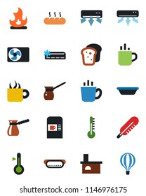 Color and black flat icon set - hot cup vector, coffee machine, fire, fireplace, thermometer, air conditioner, bread, dog, bowl, turkish, balloon