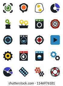 Color and black flat icon set - gear vector, circle chart, stamp, pills blister, play button, eye id, pie graph, target, washer, flower in pot, omelette, crisis management