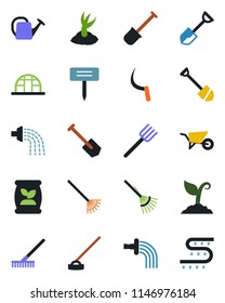 Color and black flat icon set - job vector, shovel, farm fork, rake, watering can, wheelbarrow, sproute, hoe, sickle, plant label, greenhouse, fertilizer, drip irrigation