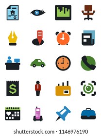 Color and black flat icon set - alarm clock vector, manager, drawing pin, place, plant label, eye, medical calendar, office phone, car delivery, receipt, call, scanner, id, news, ink pen, chair