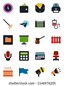 Color and black flat icon set - office chair vector, rake, dropper, term, container, microphone, calculator, clock, folder, presentation board, printer, heater, turkish coffee, radiator, wallet