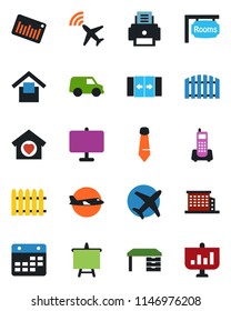 Color and black flat icon set - plane radar vector, automatic door, desk, tie, presentation board, fence, office phone, warehouse storage, barcode, calendar, printer, rooms, building, sweet home