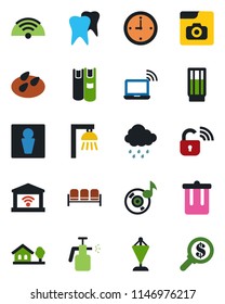 Color and black flat icon set - trash bin vector, male, waiting area, wireless notebook, pennant, rain, seeds, garden sprayer, tooth, music, photo gallery, clock, book, house with tree, drink, lock