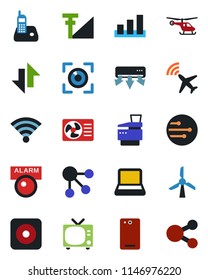 Color and black flat icon set - plane radar vector, tv, helicopter, sorting, radio phone, rec button, back, network, data exchange, wireless, cellular signal, notebook pc, copier, air conditioner