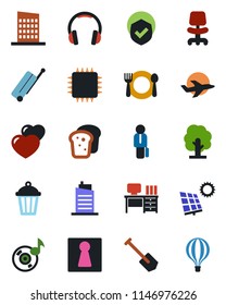 Color and black flat icon set - suitcase vector, female, office chair, desk, job, tree, garden light, plane, shield, headphones, heart, music, manager, sun panel, city house, cafe, bread, chip