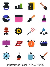 Color and black flat icon set - alarm clock vector, gear, hierarchy, office chair, meeting, job, trowel, farm fork, themes, coffee, presentation board, bar graph, pie, blank box, checklist, stamp