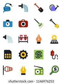 Color and black flat icon set - camera vector, wind, gear, job, rake, watering can, hose, blood test vial, dropper, radio, sim, ink pen, sun panel, fingerprint, money search