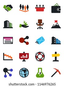 Color and black flat icon set - team vector, meeting, office building, palm sproute, motivation, handshake, wallet, earth, crisis, chair, flask, schedule, social media, management, mail, guidepost