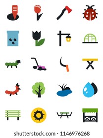 Color and black flat icon set - tree vector, lawn mower, lady bug, water drop, sun, sickle, axe, plant label, bench, garden light, greenhouse, seeds, caterpillar, pond, picnic table, tulip, alcove