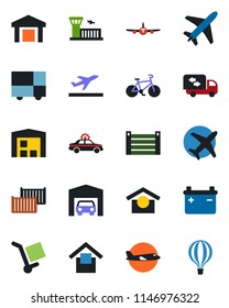 Color and black flat icon set - plane vector, departure, alarm car, airport building, bike, cargo container, consolidated, warehouse storage, garage, moving, battery, air balloon