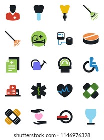Color and black flat icon set - disabled vector, rake, watering can, heart pulse, diagnosis, blood pressure, pills, patch, tomography, ambulance star, hospital bed, hand, implant, doctor, fragile