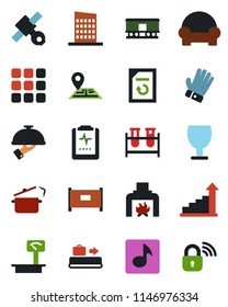 Color and black flat icon set - fence vector, baggage conveyor, growth statistic, document reload, glove, blood test vial, pulse clipboard, navigation, satellite, fragile, heavy scales, railroad