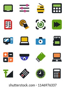 Color and black flat icon set - camera vector, calculator, notebook pc, clock, touch screen, fast forward, tuning, sd, sim, eye id, cellular signal, copier, remote control, usb flash, surveillance