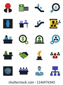 Color and black flat icon set - escalator vector, male, reception, pedestal, team, meeting, manager place, hospital, doctor, fingerprint id, hr, desk, client search, estate agent, consumer, money