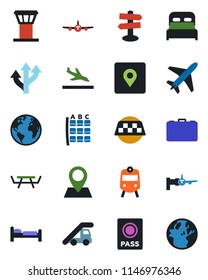 Color and black flat icon set - plane vector, airport tower, taxi, arrival, train, passport, bed, ladder car, boarding, seat map, case, picnic table, route, signpost, earth, pin, place tag, bedroom