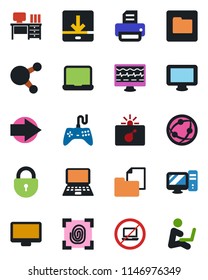 Color and black flat icon set - no laptop vector, bomb in case, right arrow, lock, desk, notebook pc, printer, monitor pulse, folder document, gamepad, network, share, download, fingerprint
