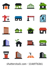 Color and black flat icon set - airport tower vector, barrier, office building, greenhouse, store, warehouse, house, with tree, estate document, city, crane, cafe, eco, warm floor, storefront